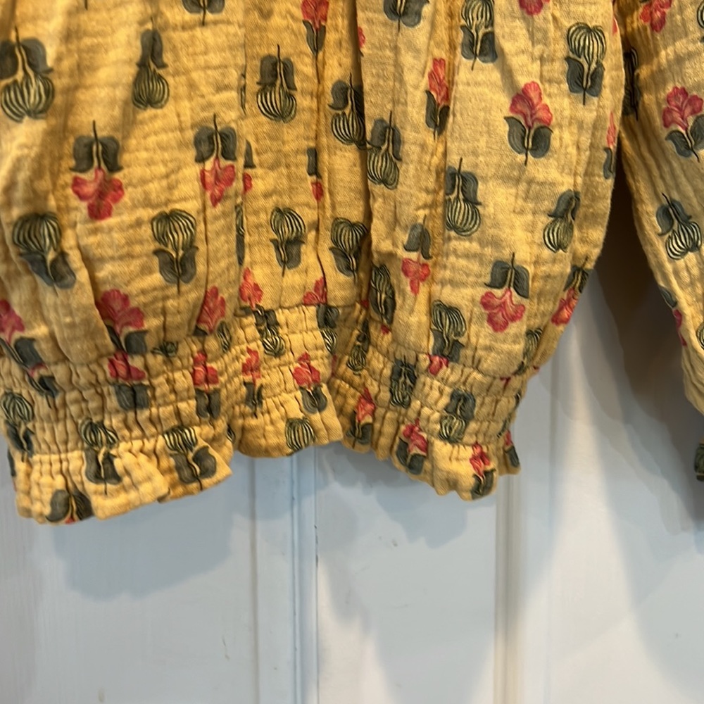Anthropologie Porridge gold floral cotton peasant blouse with tie detail - Picture 7 of 11